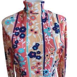 Medium Vintage Elleen 1970s Groovy Mod Mom Floral Striped High-Neck Top 11/12